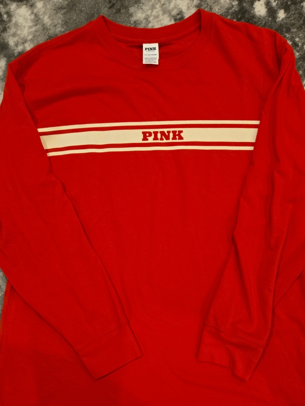 PINK Victoria's Secret Red Long Sleeve Crew with White Stripe and Logo